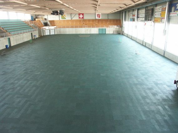 Die Eishalle im Sommerbetrieb mit dem grünen Boden.