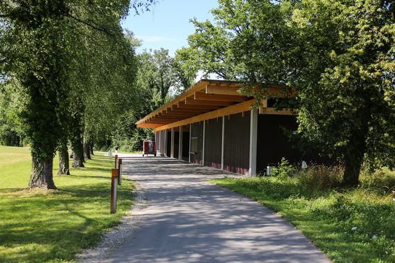 Der Fussgängerweg im Murg-Auen-Park mit Bäumen an den Seiten und im Hintergrund der Pavillon.