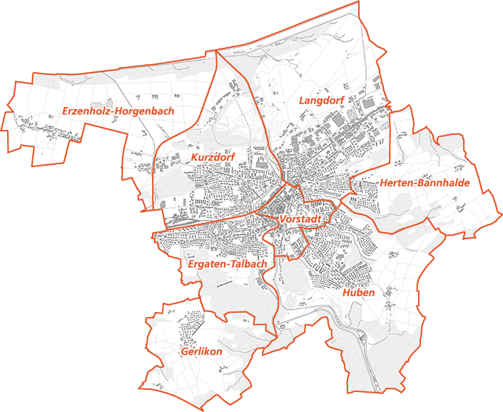 Karte Stadt Frauenfeld mit den eingezeichneten 8 Quartieren und Links zu den Quartiervereinen